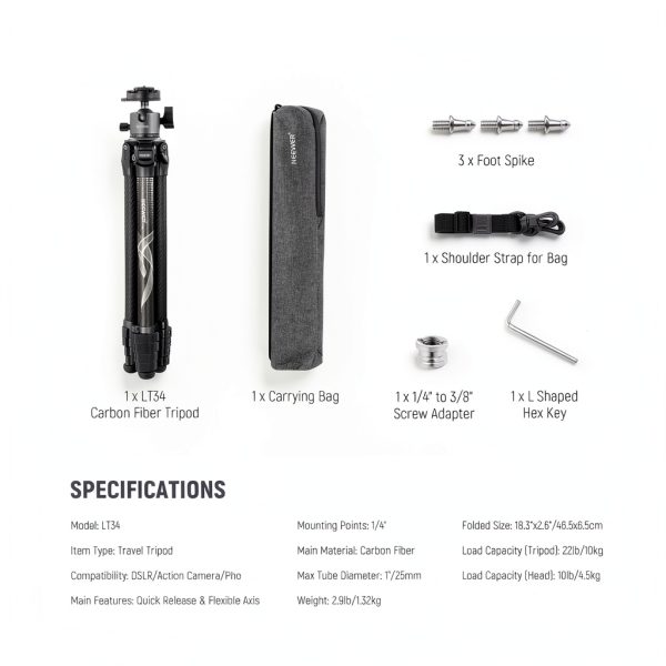 Neewer LT34 Carbon Fiber Travel Tripod with Ball Head-7