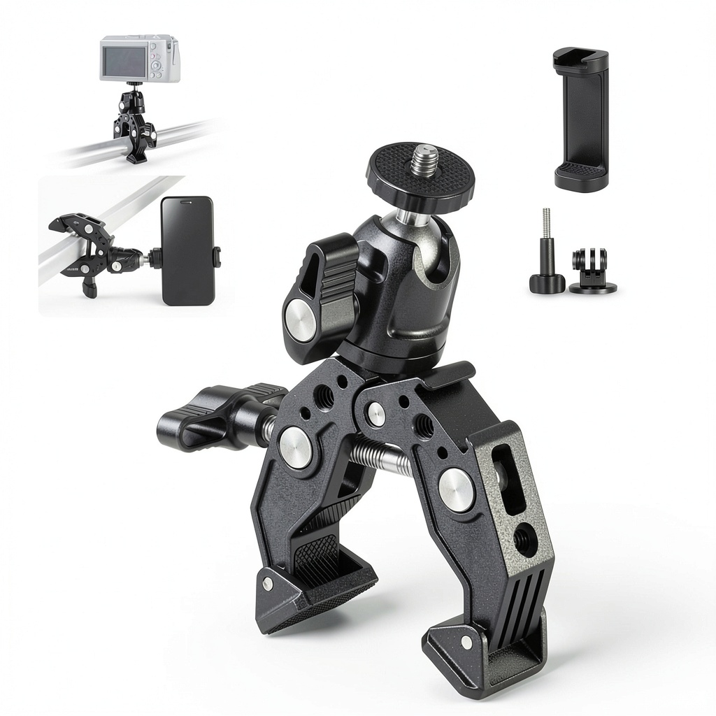 Neewer ST87 Super Clamp attached to a light stand with camera mounted