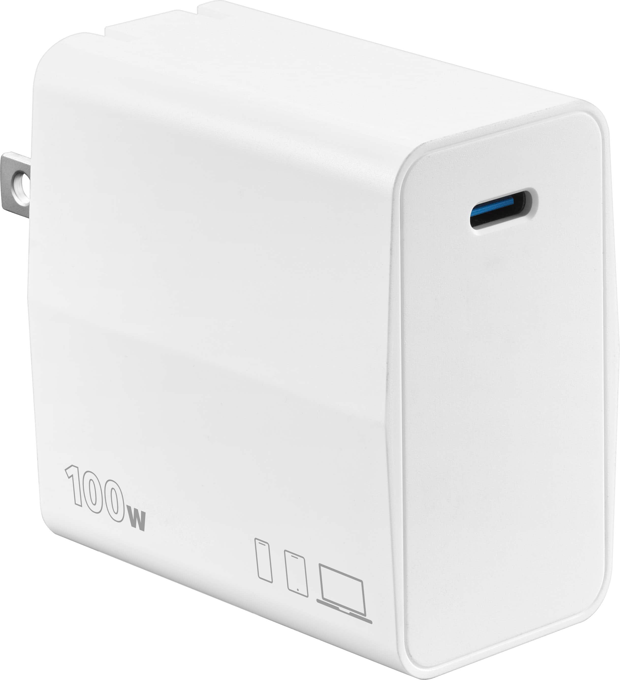 Insignia 100W USB-C GaN Wall Charger connected to a MacBook on a desk