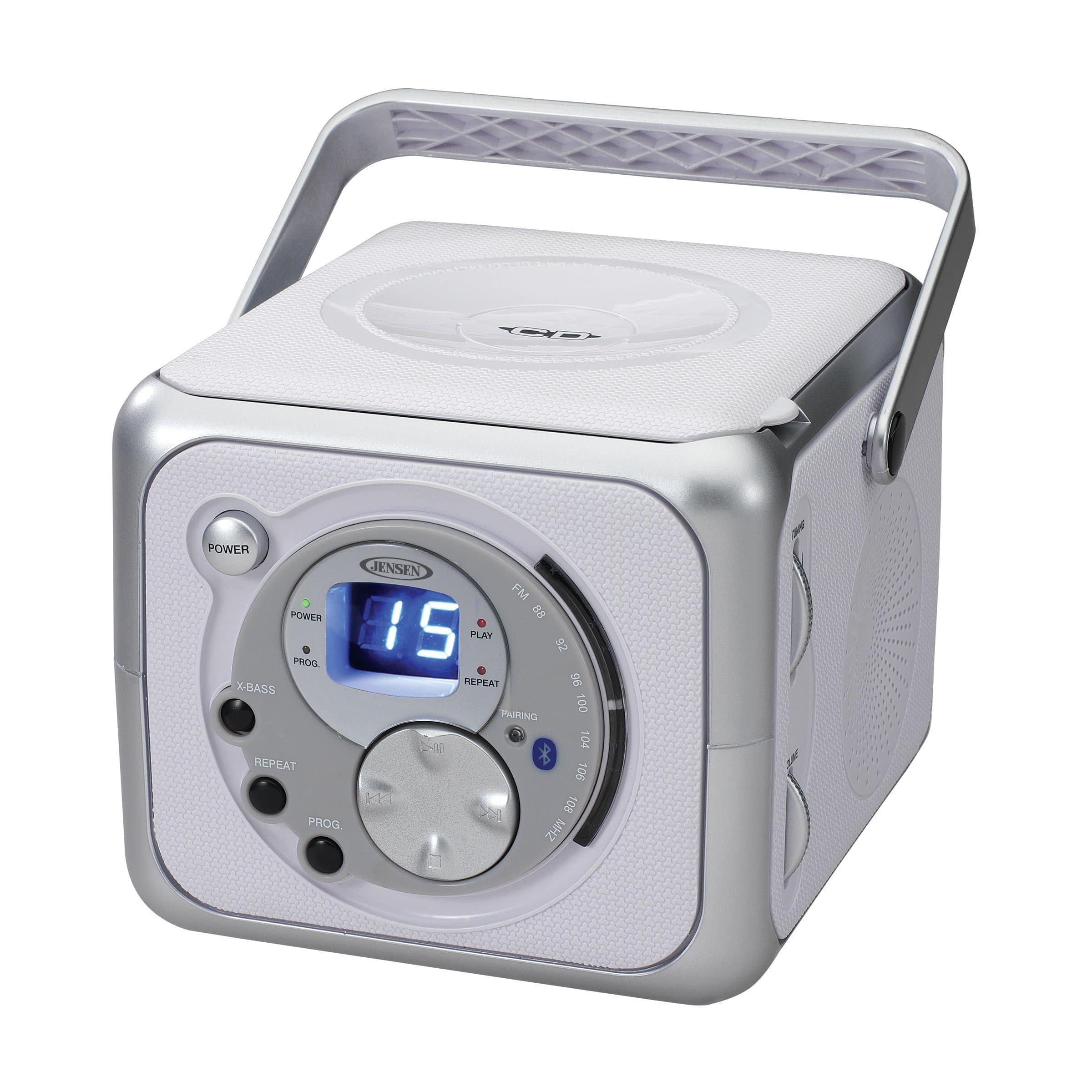 JENSEN CD-555 portable stereo system on a table with Bluetooth device connected