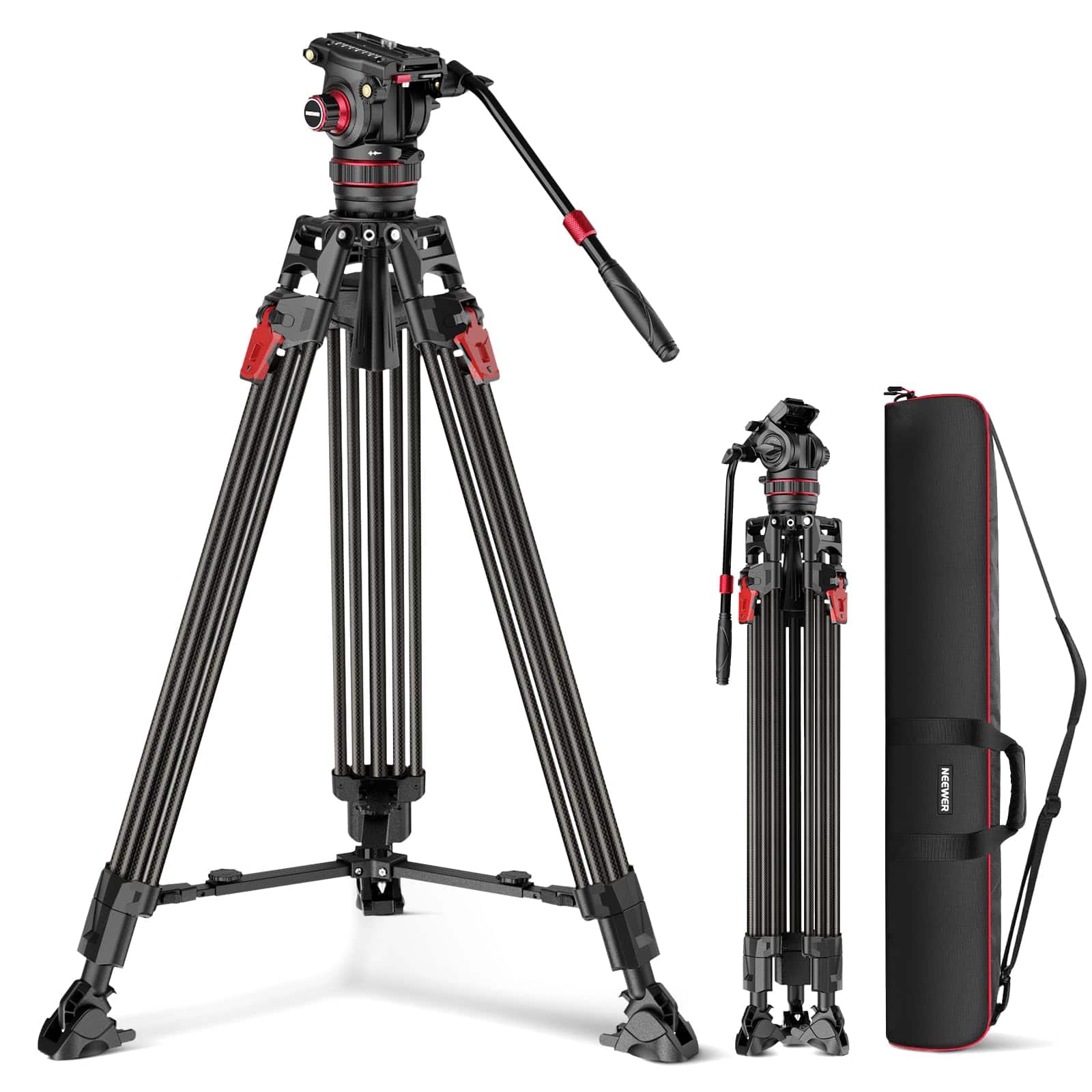 Neewer carbon fiber tripod with fluid head in a studio setup