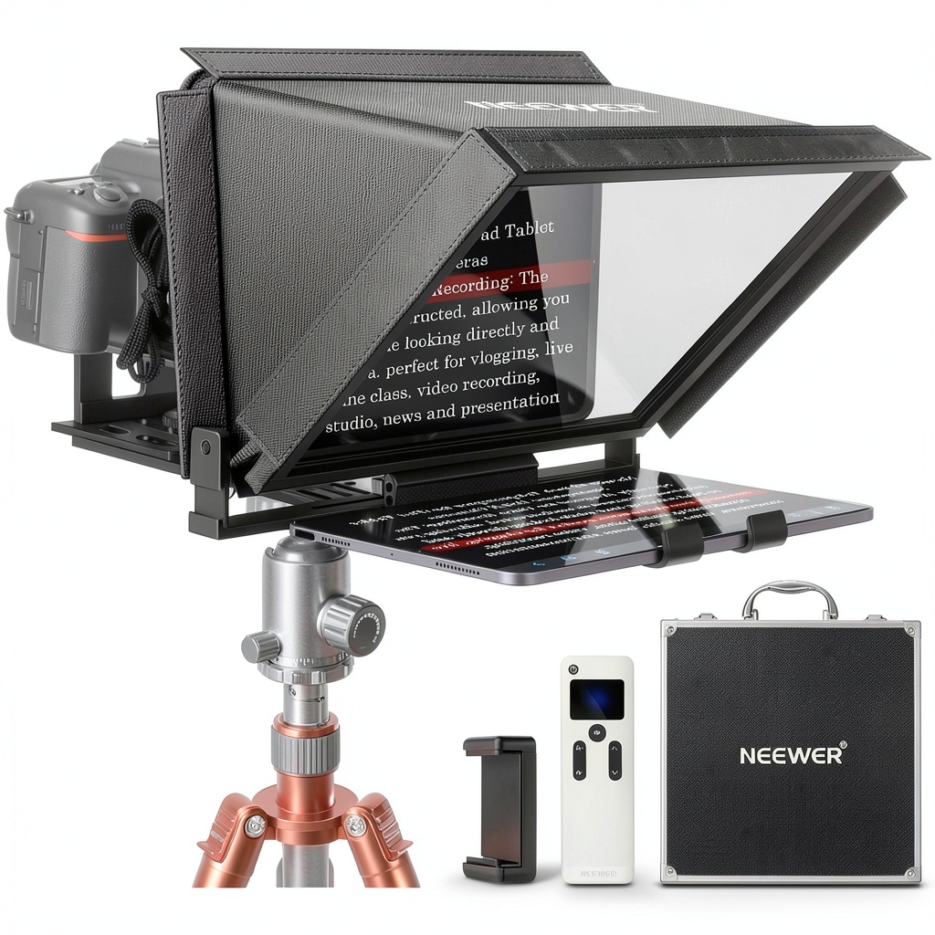 Installing Neewer Teleprompter Aluminum Alloy HD Display Remote Control on a wooden desk