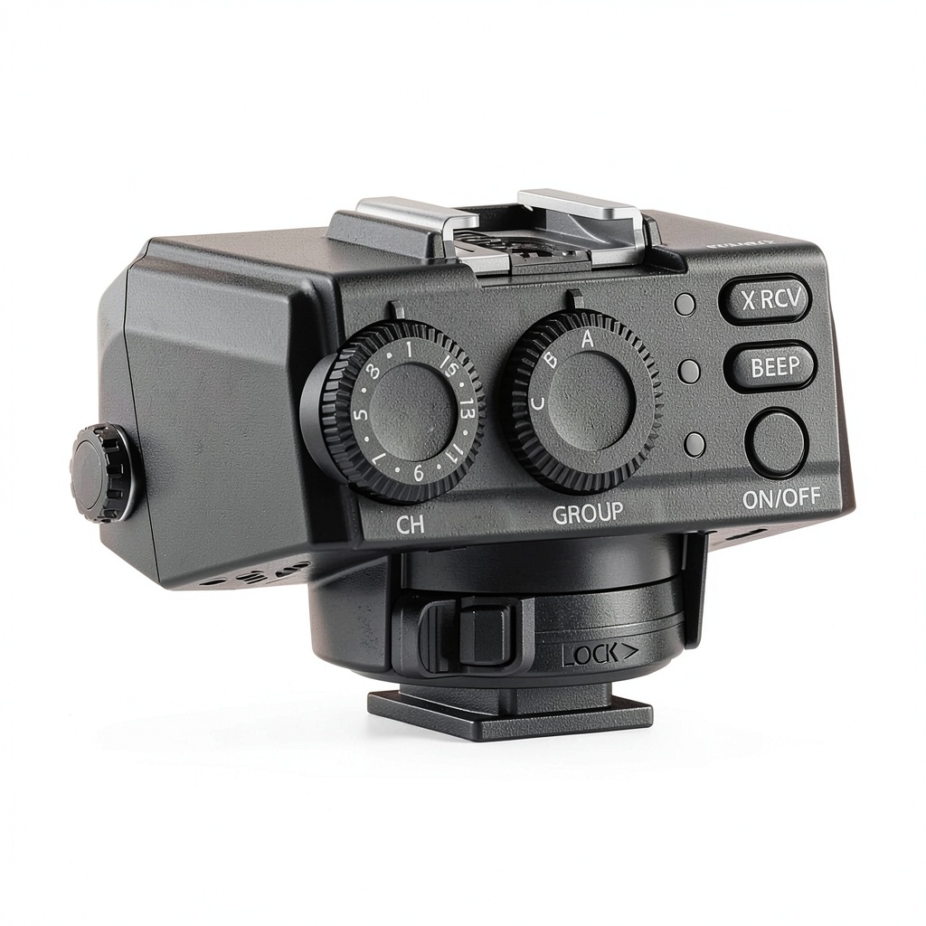 Olympus TTL Radio Receiver mounted on a camera in a studio setting