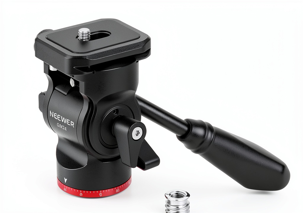 Neewer Tripod Fluid Head mounted on a tripod with a DSLR camera