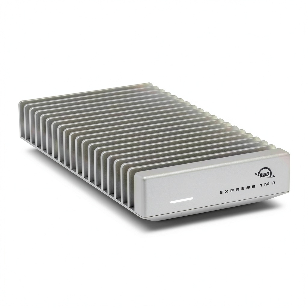 OWC Express 1M2 portable SSD enclosure connected to a laptop