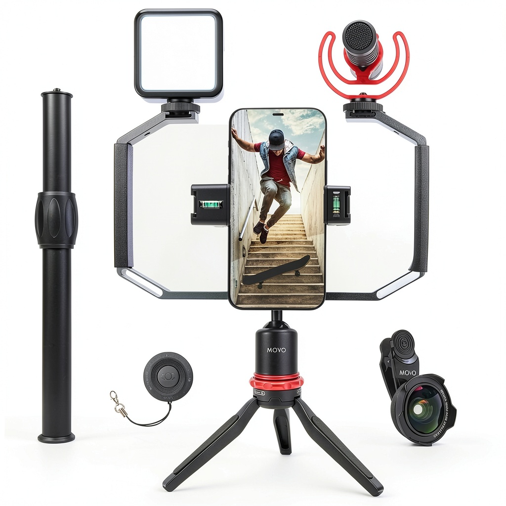 Movo iVlog3 Kit assembled with smartphone and accessories on a table