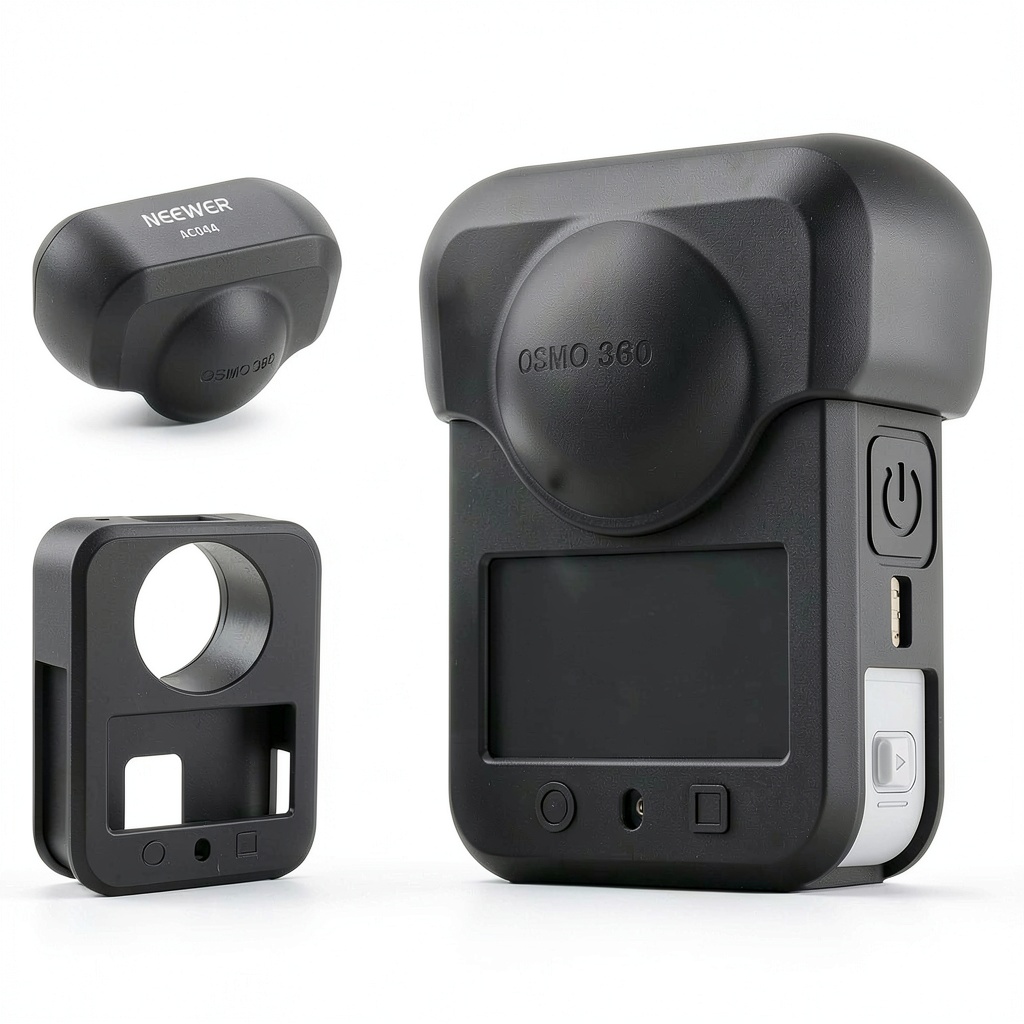 'Neewer OSMO 360 lens cap and body cover displayed on a camera'