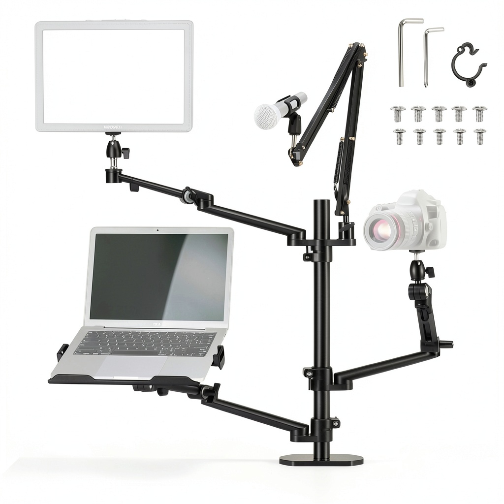 Neewer Overhead Camera Stand Rig mounted on a desk with multiple devices