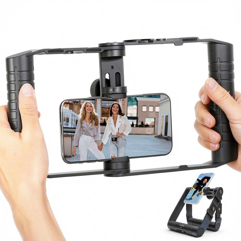 Movo SPR-20 Smartphone Video Cage in folded stand configuration on a table