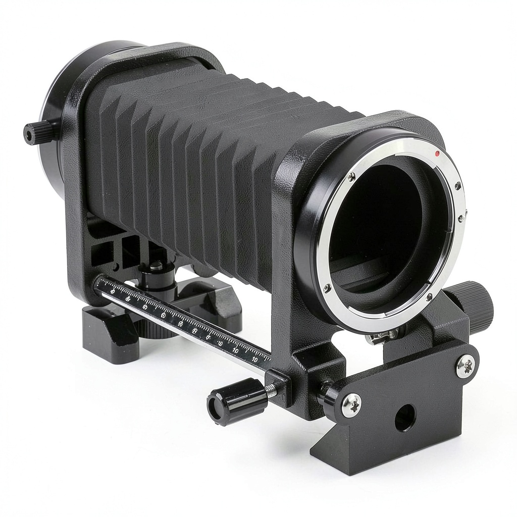 Installing Fotodiox Macro Bellows Metal Construction 8x Magnification on a wooden desk