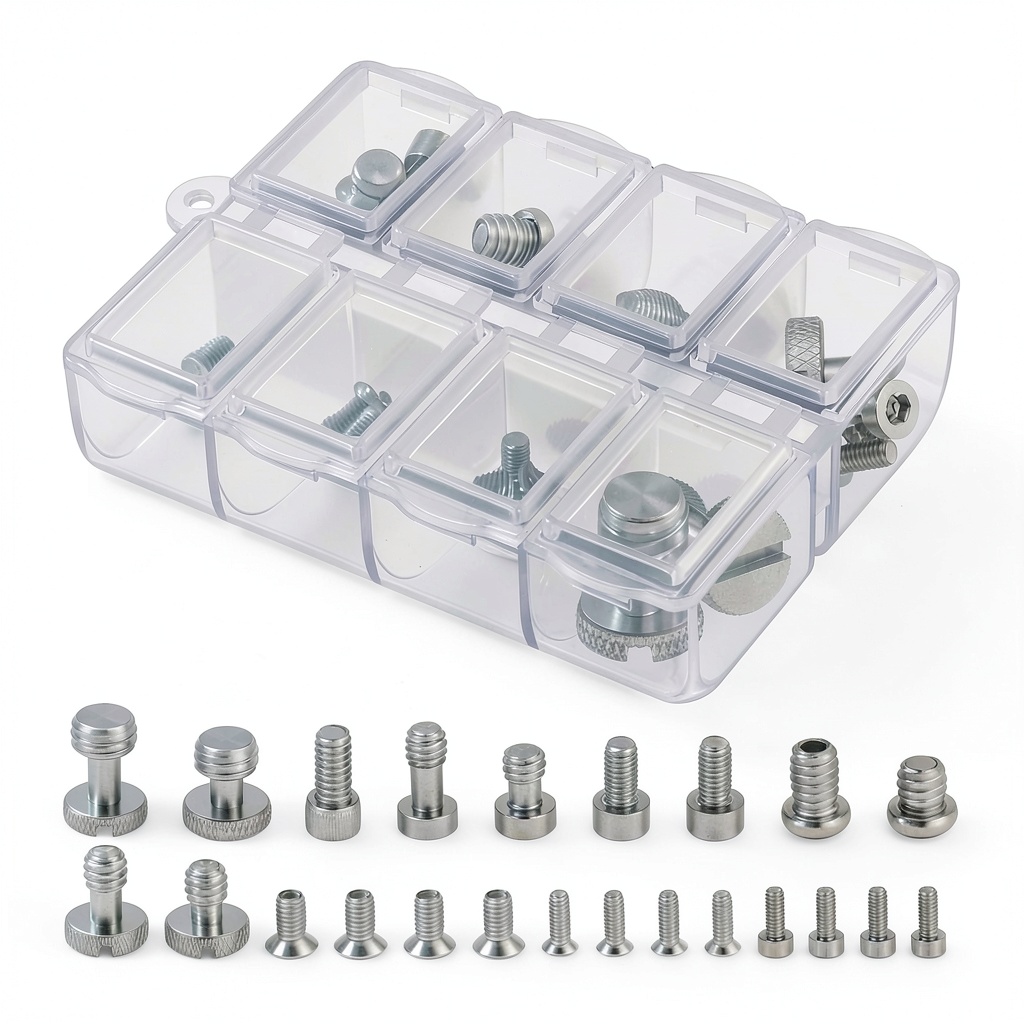 Neewer camera screw set displayed with carrying case and various screw sizes