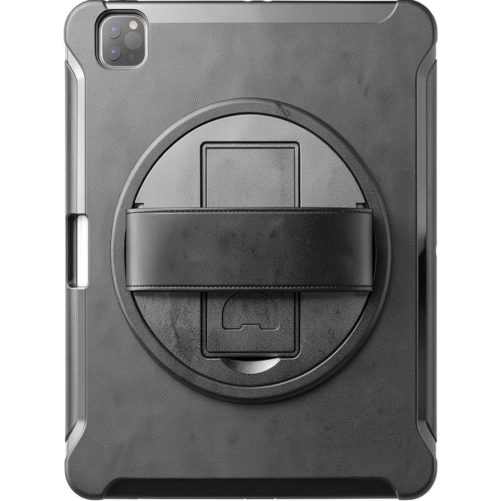SaharaCase Protection Series case fitted on an iPad Pro 12.9 showing hand strap and kickstand