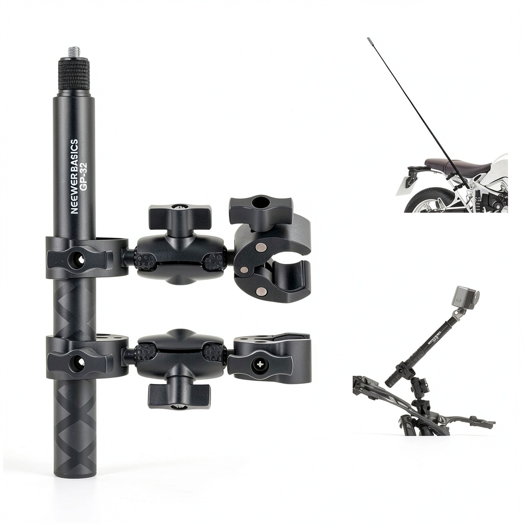 'Neewer Basics Motorcycle Mount Kit attached to a bike handlebar'
