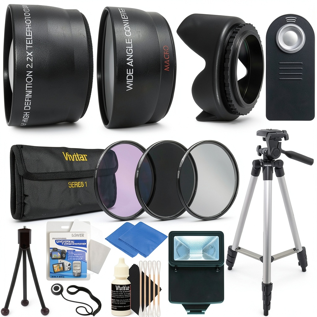 Vivitar accessory bundle with tripod and filters on a camera