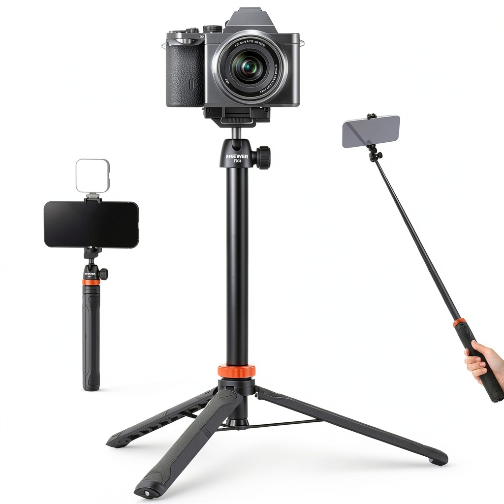 Neewer Basics selfie stick tripod extended to full height with a camera attached