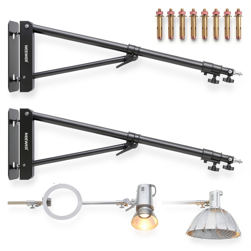 Neewer boom arm mounted on a solid wall with studio lights