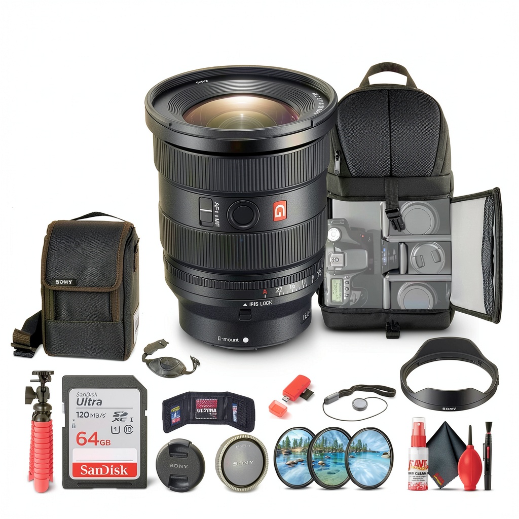 Sony FE 16-35mm f/2.8 GM II lens bundle displayed with accessories on a table