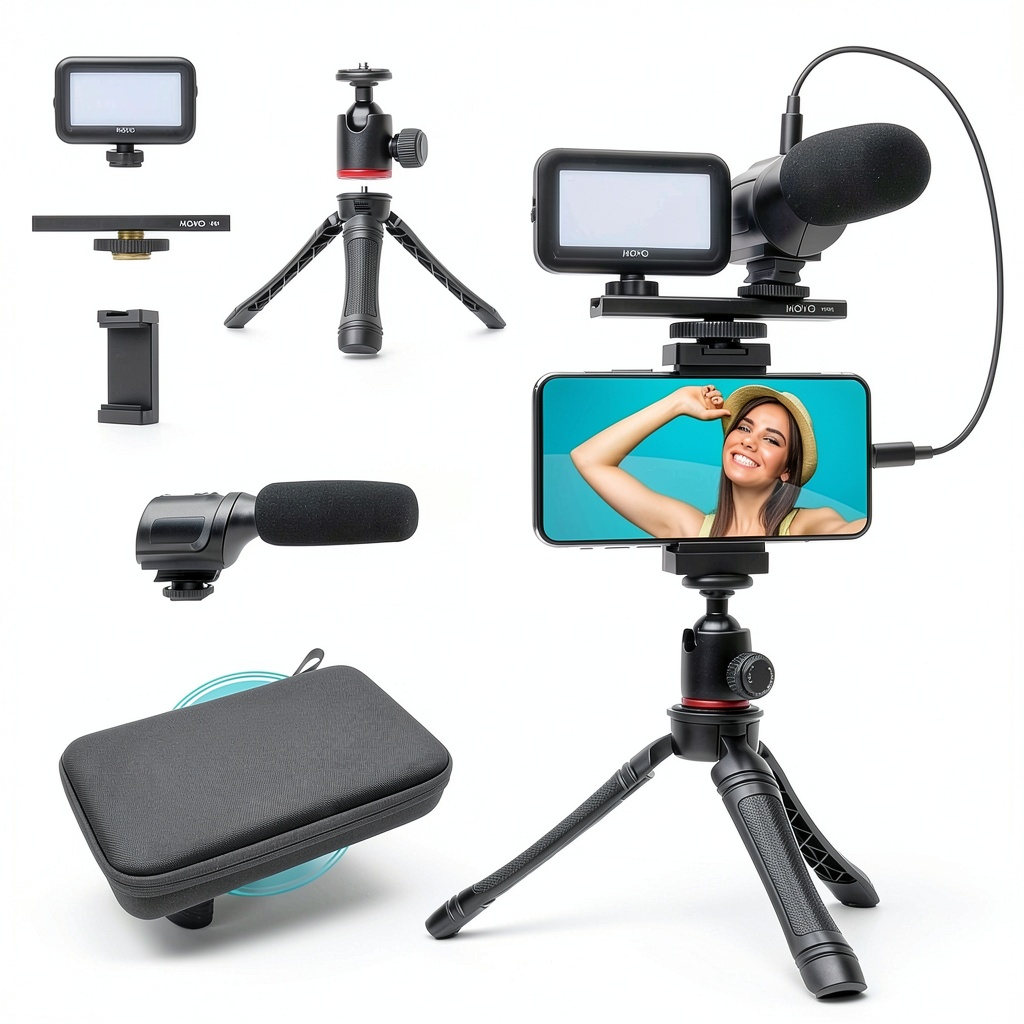 Movo uVlogger Smartphone Vlogging Kit components displayed on a table
