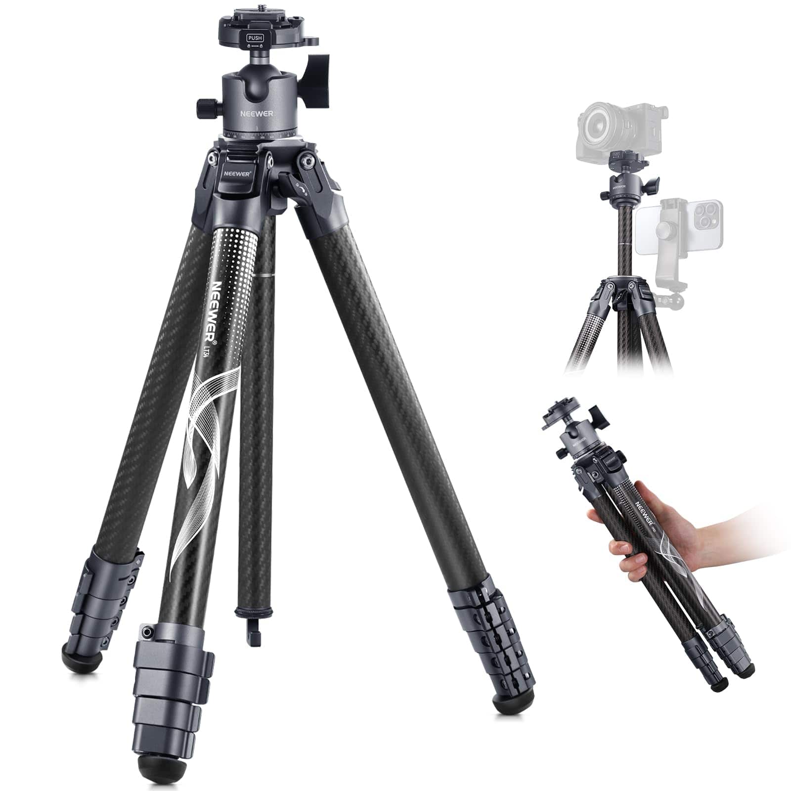 'Neewer LT34 Carbon Fiber Tripod folded in carry bag'
