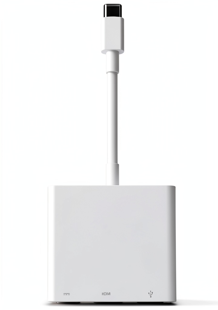 Apple USB-C Digital AV Multiport Adapter connected to a MacBook and HDMI display