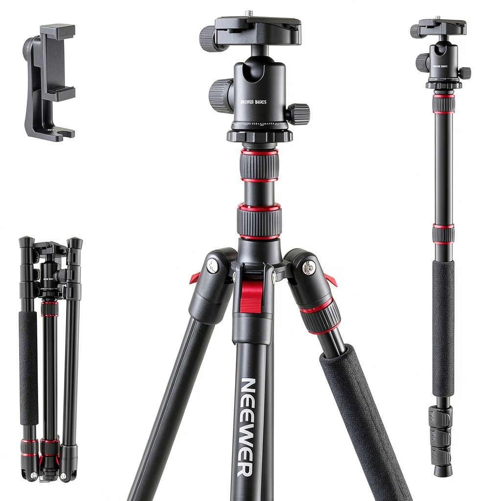Neewer Basics TP15 tripod extended to full height with a DSLR camera attached