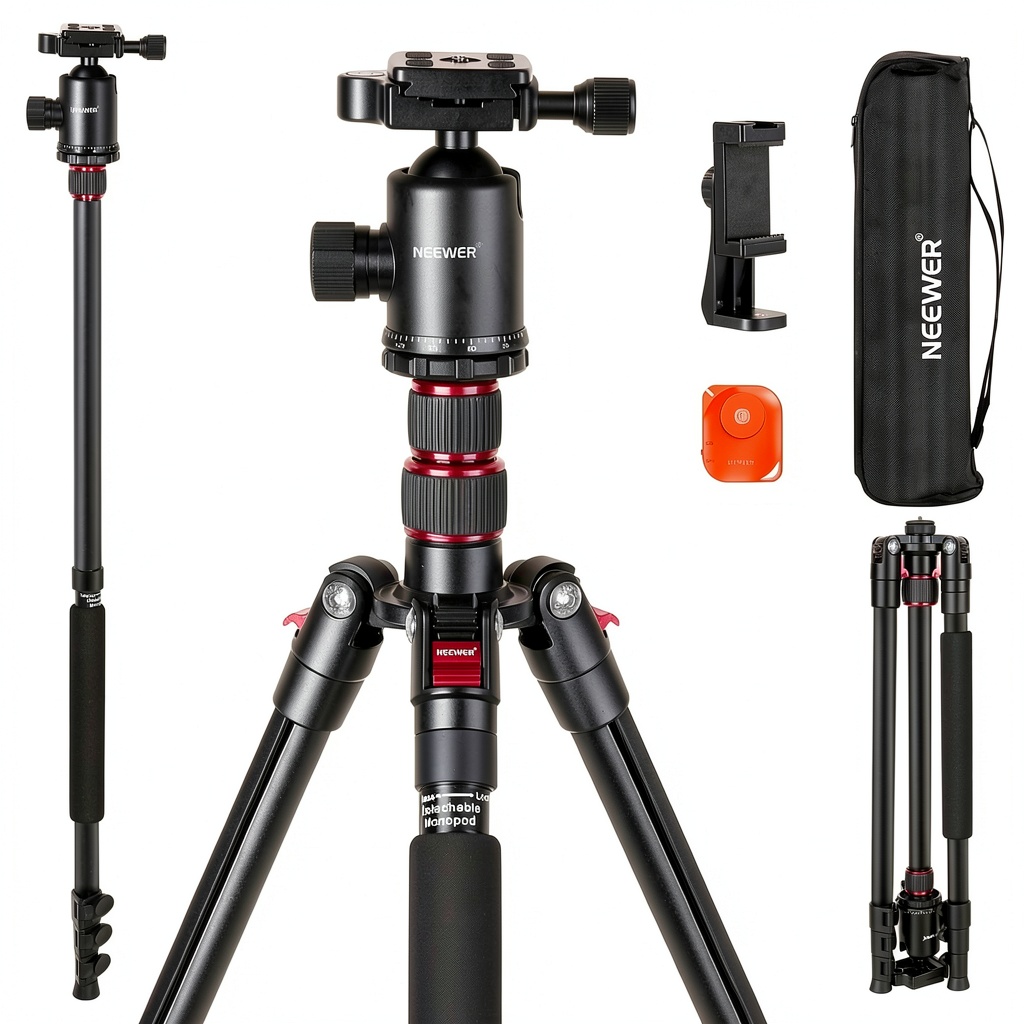 Neewer tripod set up with DSLR camera in outdoor setting