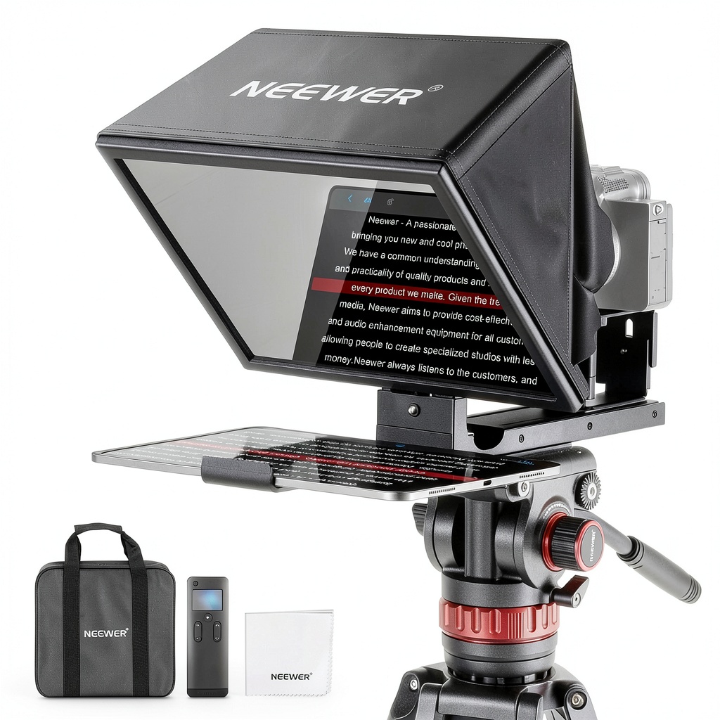 Neewer X12B Teleprompter setup with iPad and camera