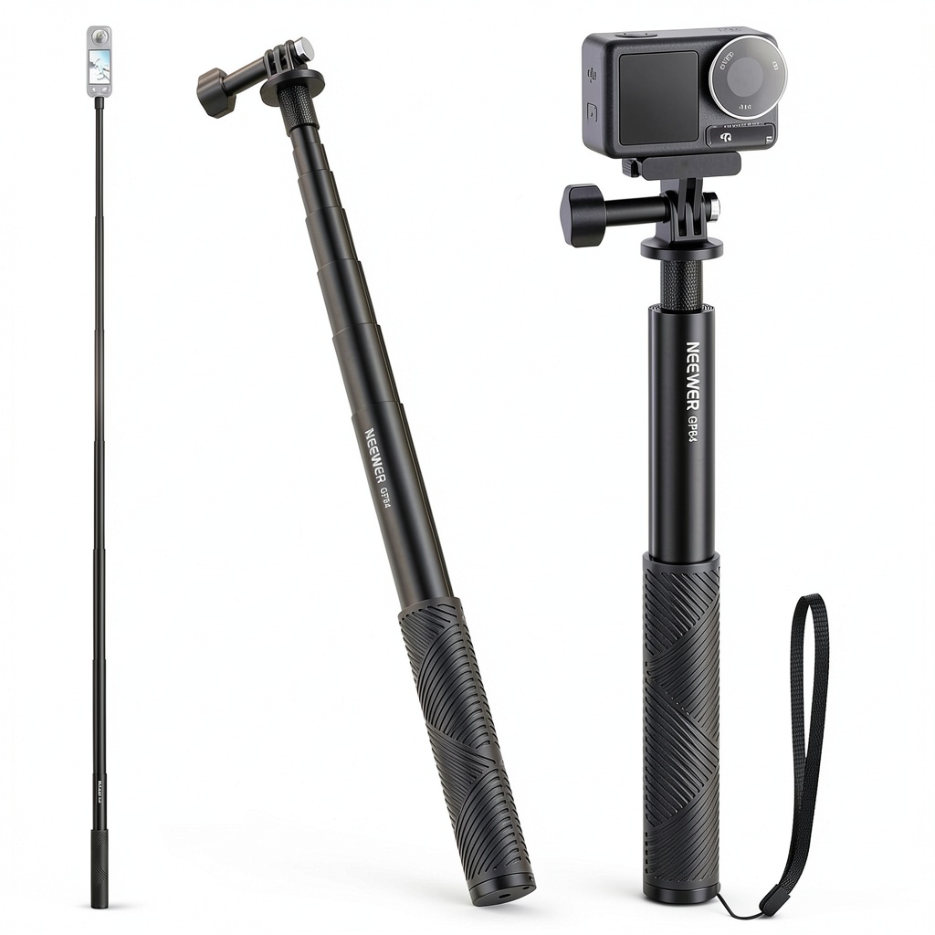 'Neewer Invisible Selfie Stick extended with action camera attached'