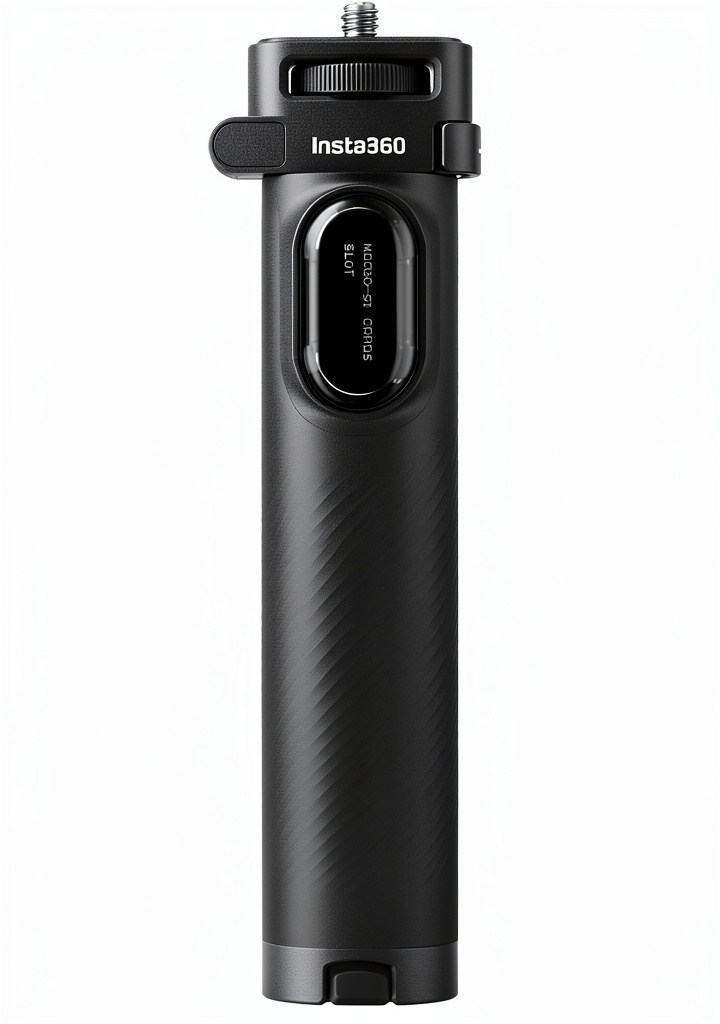 Insta360 Foldable Selfie Stick extended and folded on a travel backpack
