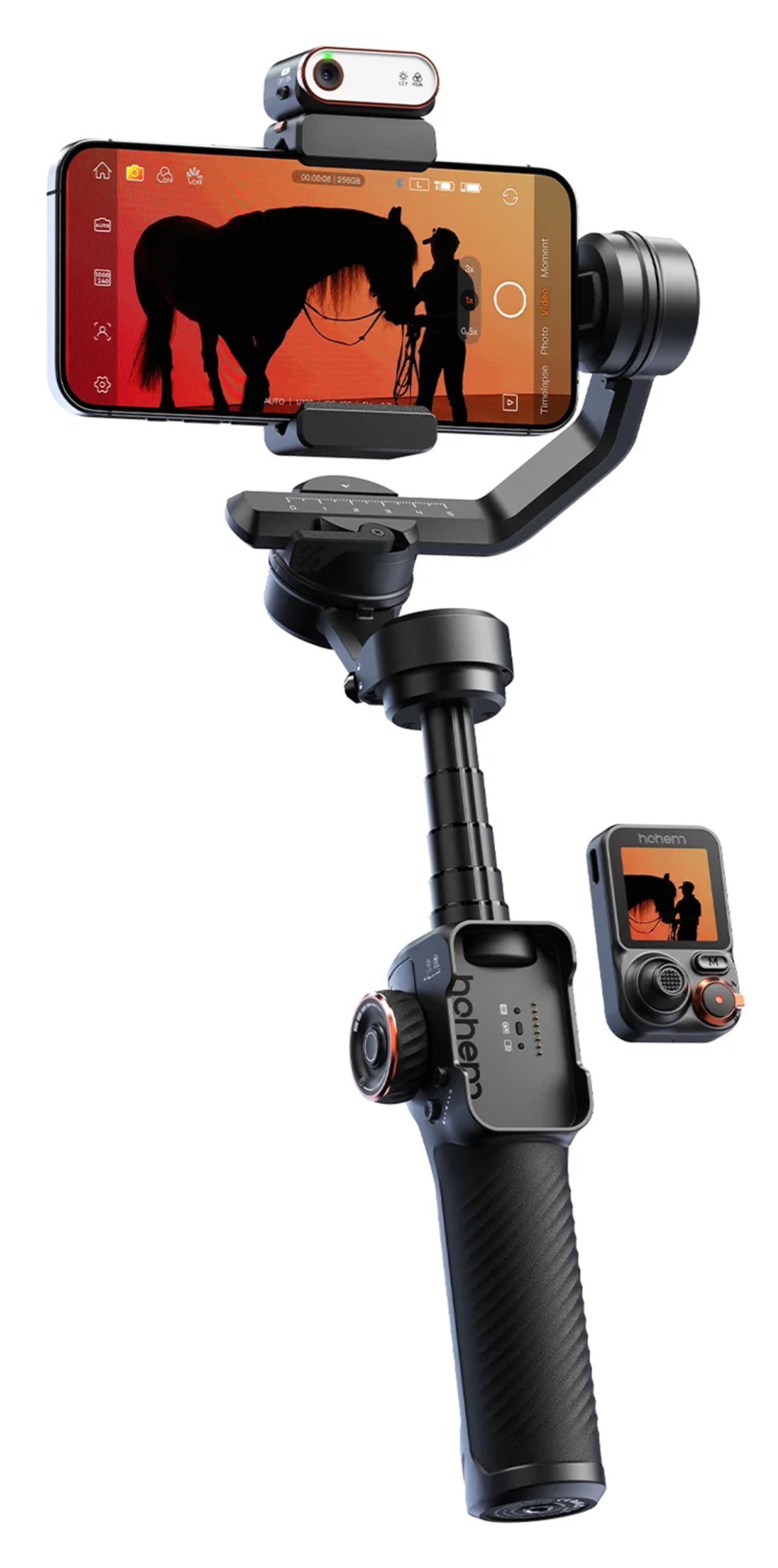 Installing iSteady M7 AI Tracker Smartphone Gimbal on a wooden desk, showing the detachable touchscreen remote and phone mounting process