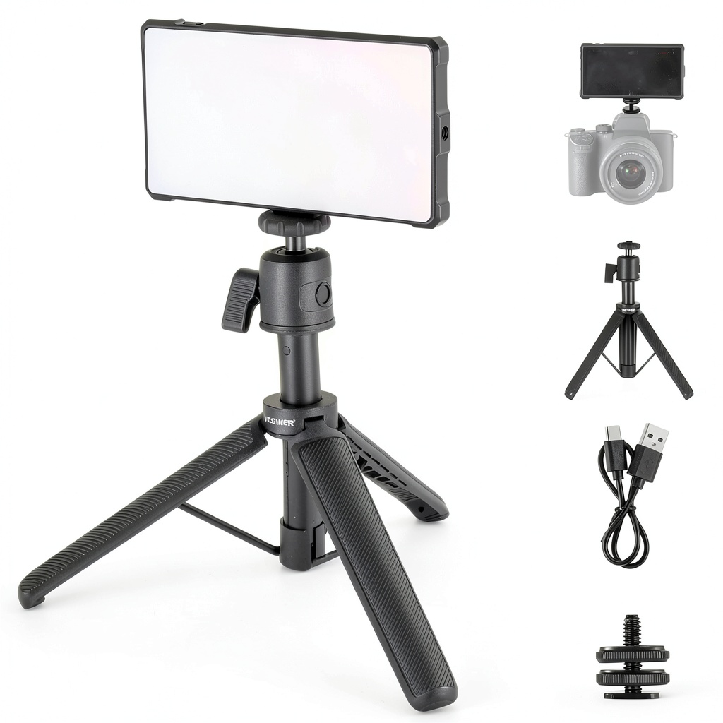 Neewer SL90C camera light mounted on a DSLR with desk tripod