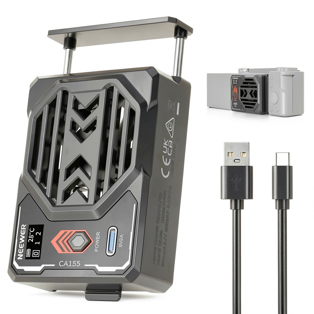 Neewer Basics Camera Cooling Fan attached to a Sony camera