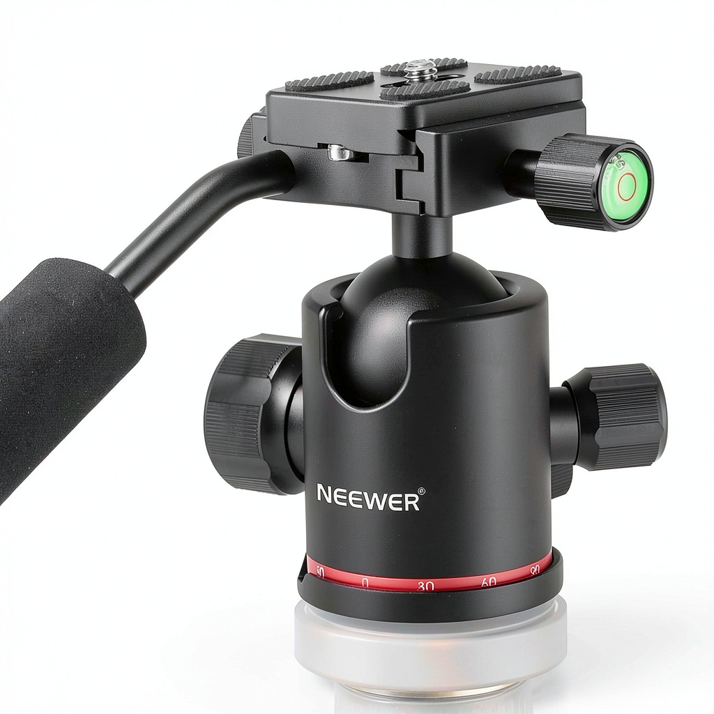Neewer Ball Head mounted on a tripod with DSLR camera