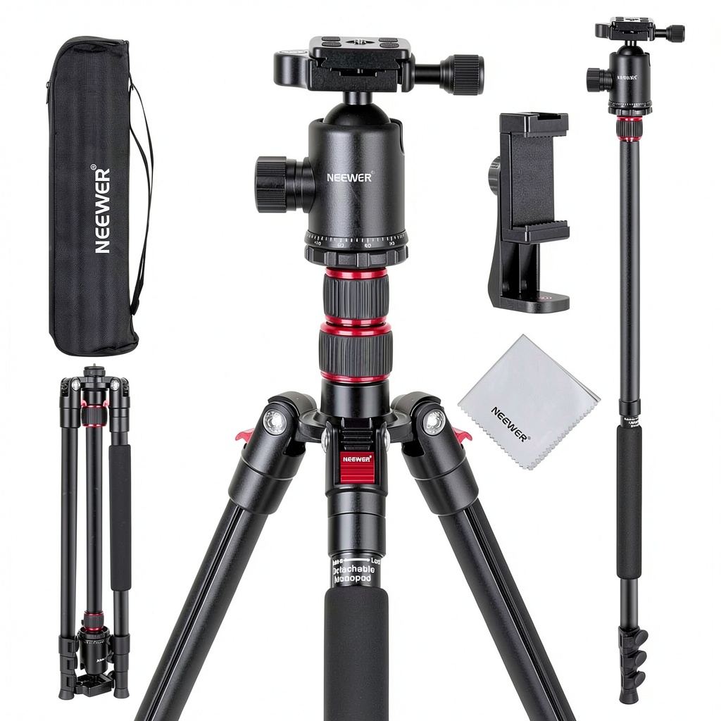Neewer tripod extended with camera and phone attached