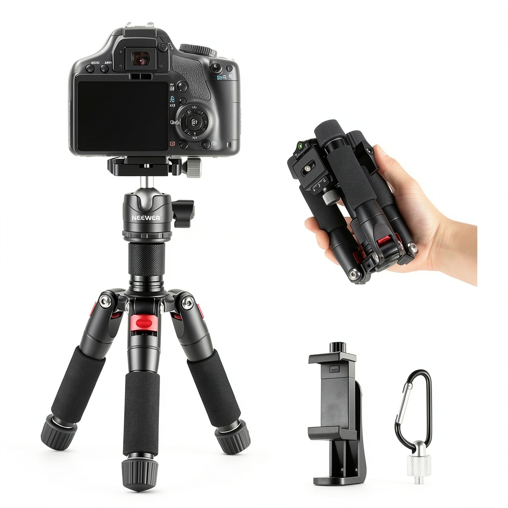 'Neewer mini tripod extended on a desk with camera attached'