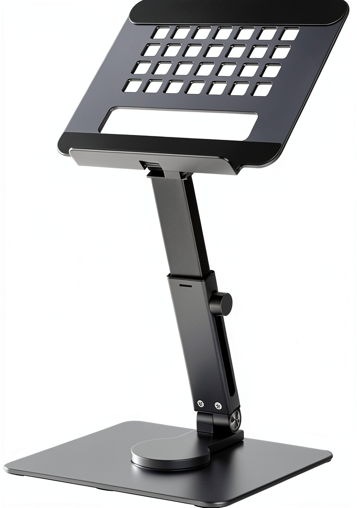 Pavo tablet stand in Charcoal Gray holding an iPad on a desk