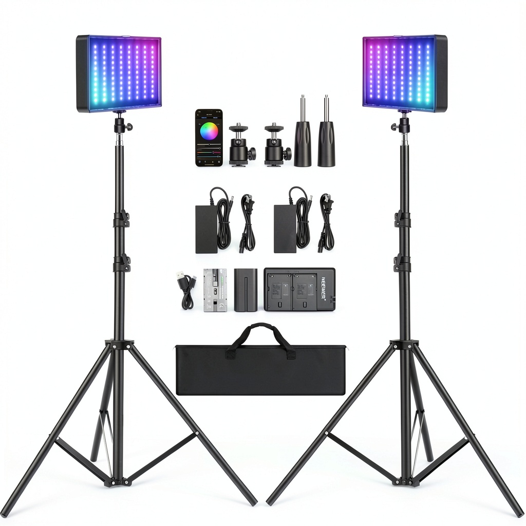 Neewer RGB Video Light Kit setup with tripod stands and APP control