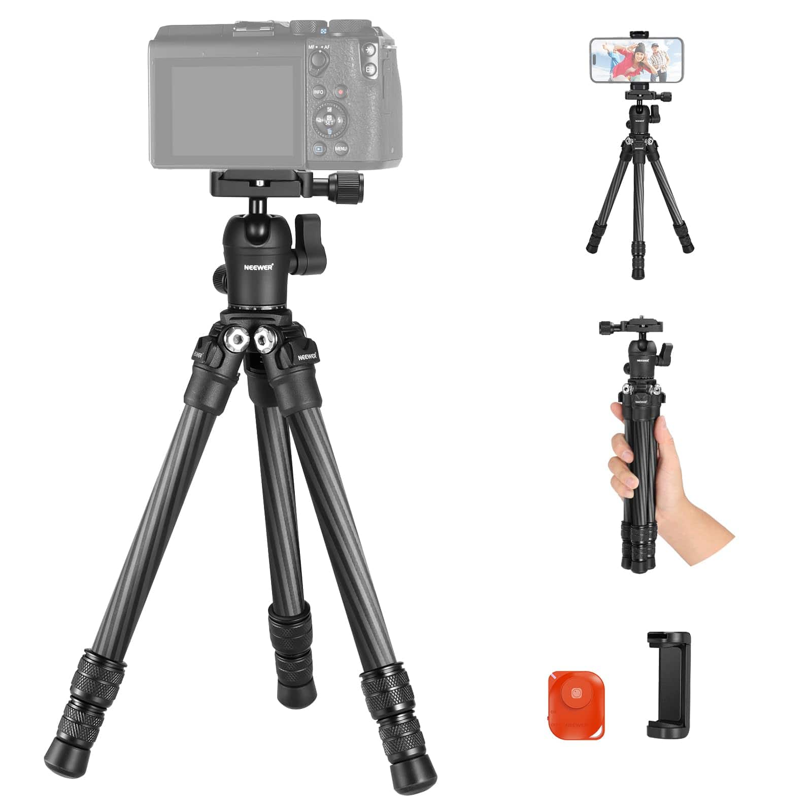 Neewer TP09 Carbon Fiber Mini Tripod fully extended with phone attached