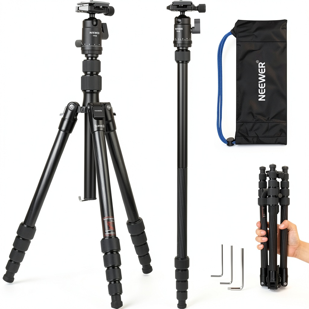 Neewer Carbon Fiber Tripod folded in a backpack for travel