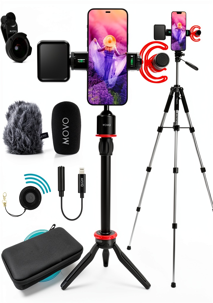 Movo iVlog1 Kit assembled with smartphone, microphone, and light on a tripod