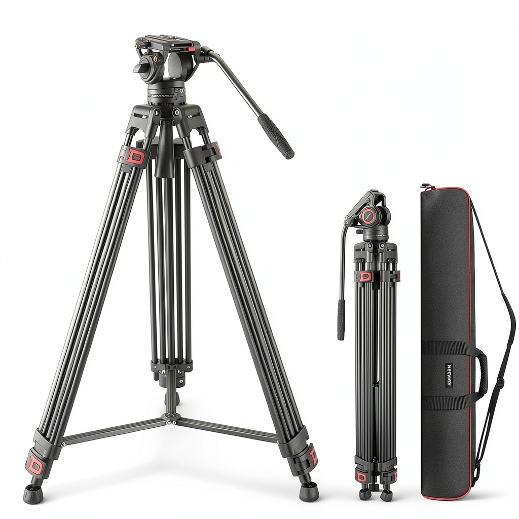 Neewer TP74 video tripod extended with camera attached in a studio setting