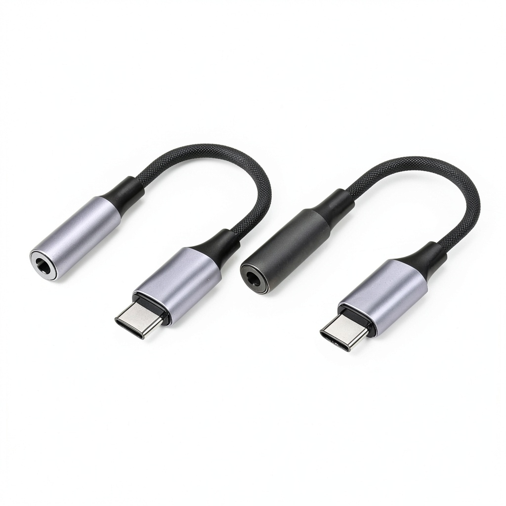USB-C to 3.5mm adapter connected to a smartphone and headphones