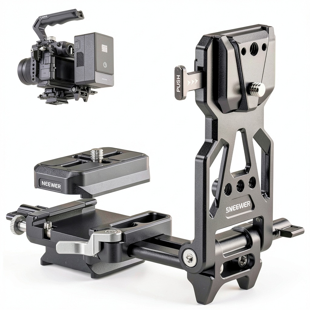 Neewer Foldable V Mount Battery Plate attached to a camera on a tripod