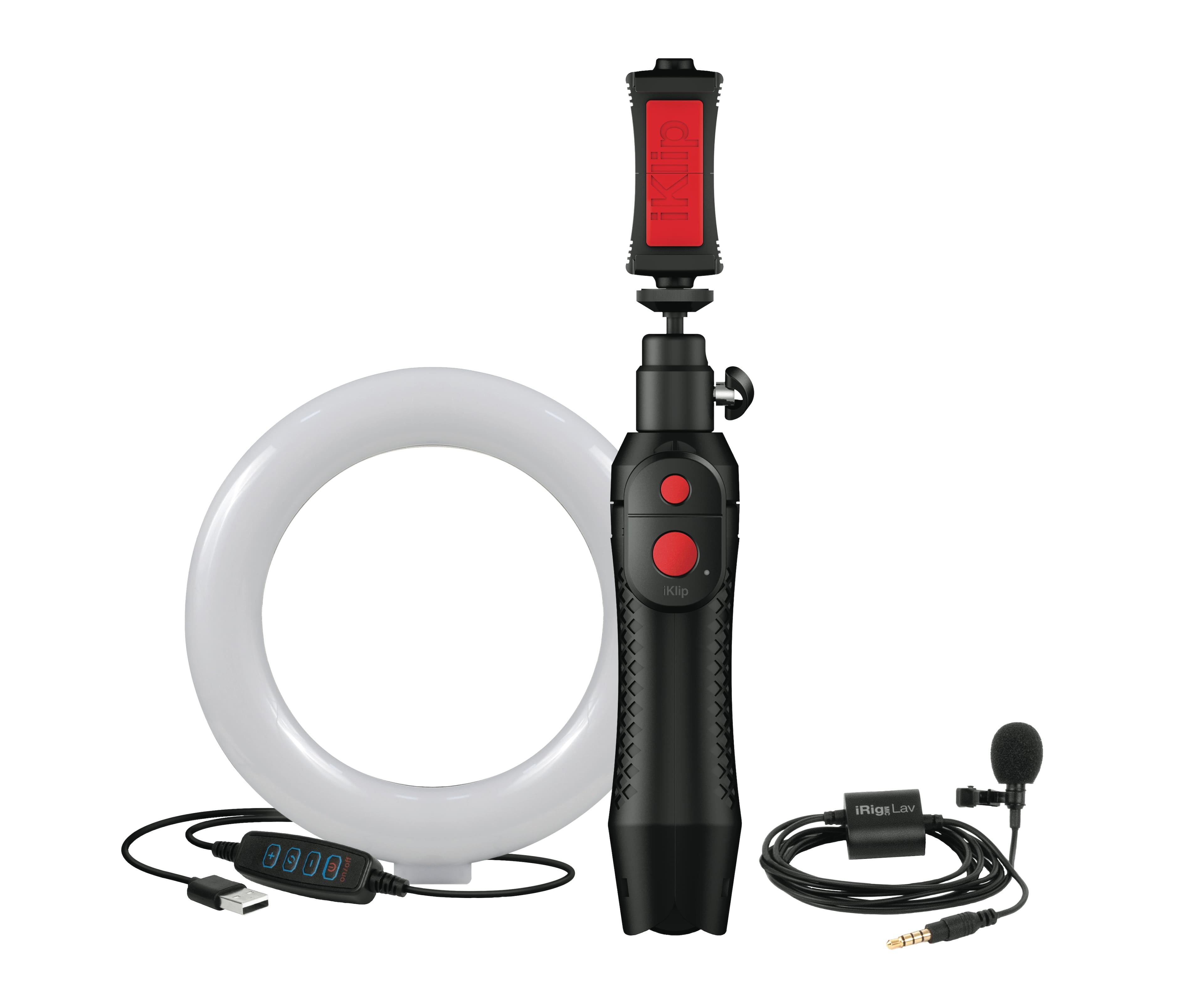IK Multimedia iRig Video Creator Bundle in selfie stick mode with smartphone attached