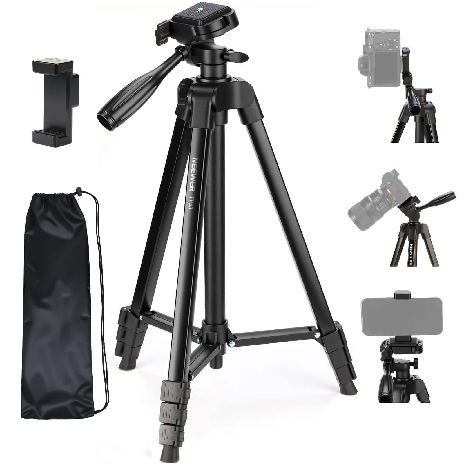NEEWER Entry Level Tripod folded with carrying bag on a table