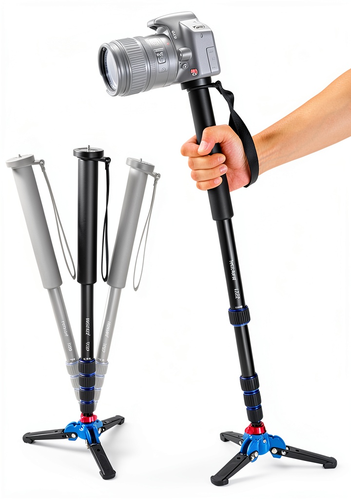 Neewer monopod extended to full height with DSLR camera attached