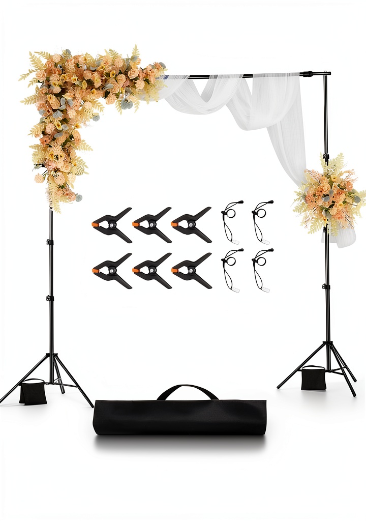 Backdrop stand fully extended with a fabric backdrop in a studio setting