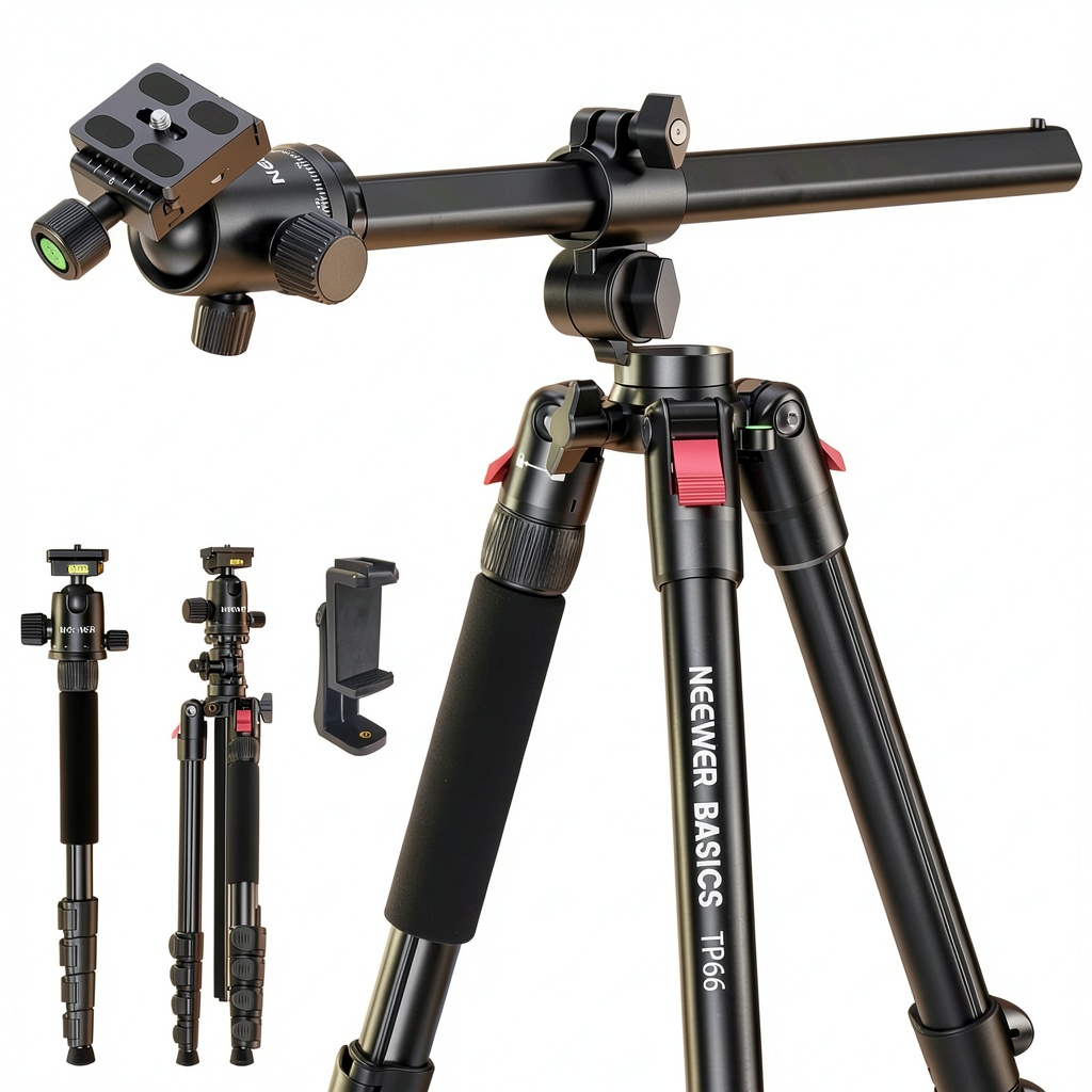 Neewer TP66 tripod extended in horizontal overhead position with camera attached