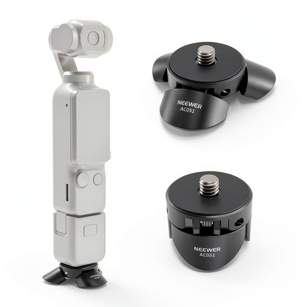 'NEEWER Mini Tripod attached to DJI Osmo Pocket 3 on a desk'