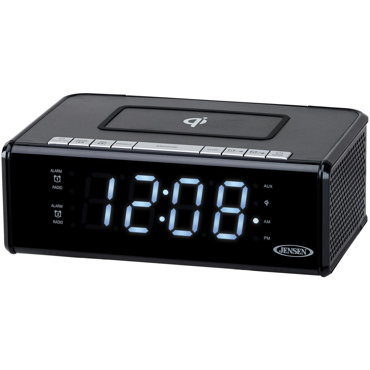 JENSEN Dual Alarm Clock Radio on a bedside table with smartphone charging